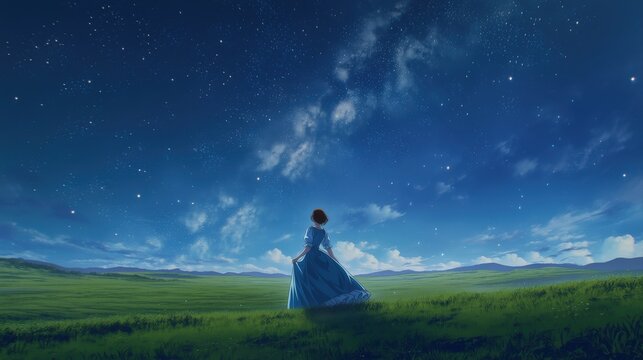 星空の草原で青いワンピースを着た女性