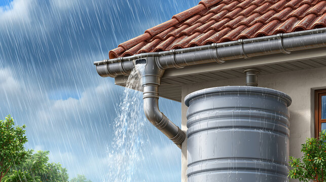 Rainwater harvesting system with roof gutter filling storage tank in storm scene