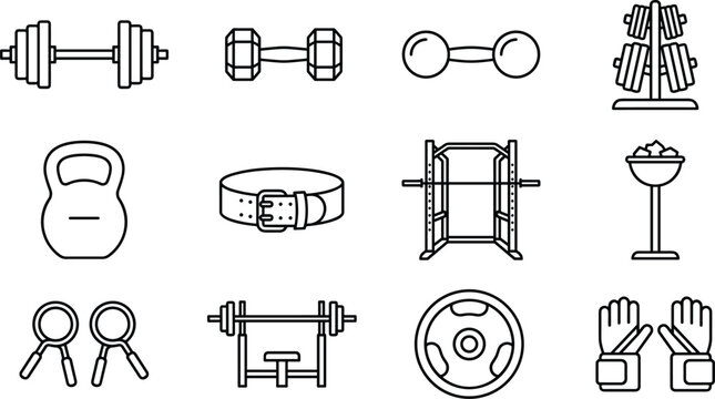 Set of black and white gym fitness bodybuilding equipment line icons barbell dumbbell kettlebell weight plate vector illustration