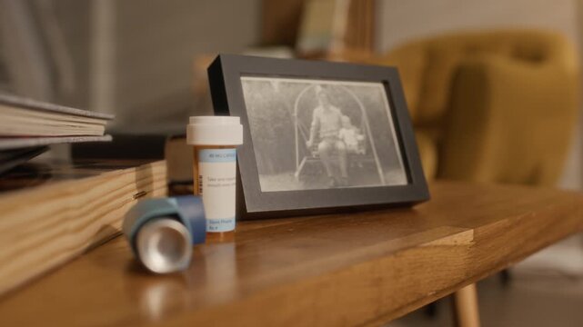 Close up of old framed family photograph beside prescription pill bottle and inhaler on wooden table in cozy apartment interior