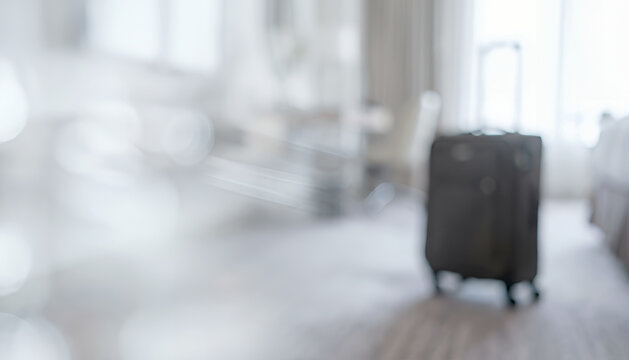 A blurred image of a suitcase in a hotel room, suggesting travel or vacation. The room features soft lighting and a cozy atmosphere.