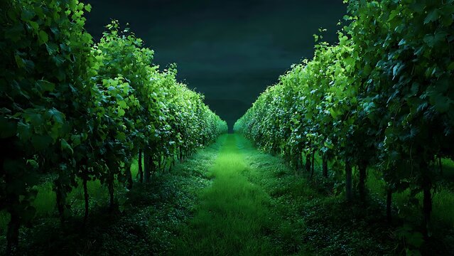 Illuminated Vineyard Rows at Night