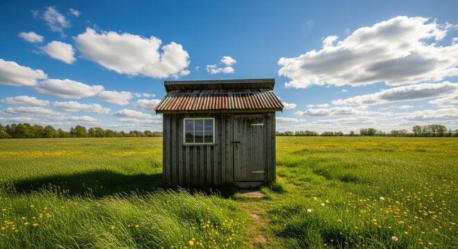 Small wooden shed in green meadow under blue sky