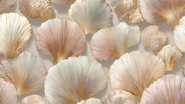 Luxury seamless scallop shell pattern with iridescent pearl tones and gold line detailing