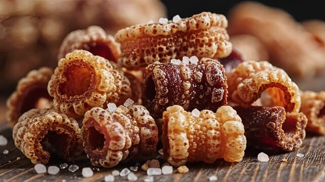 Crispy Pork Rinds with Coarse Salt Sprinkled on Wooden Surface.