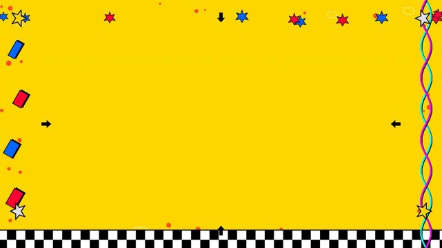 Colorful animated motion scene with vibrant confetti playful geometric shapes and lively patterns on a bright yellow background for festive celebration or fun event.