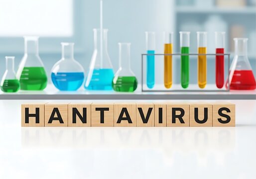 Hantavirus laboratory test tubes and flasks with colored liquids
