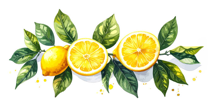 Cytryny akwarela ilustracja owoc&oacute;w cytrusowych z liśćmi