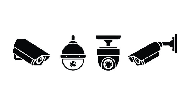 A set of black silhouette security camera illustrations