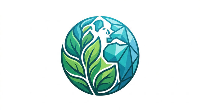 Abstract globe with leaves and geometric shapes symbolizing nature and growth.