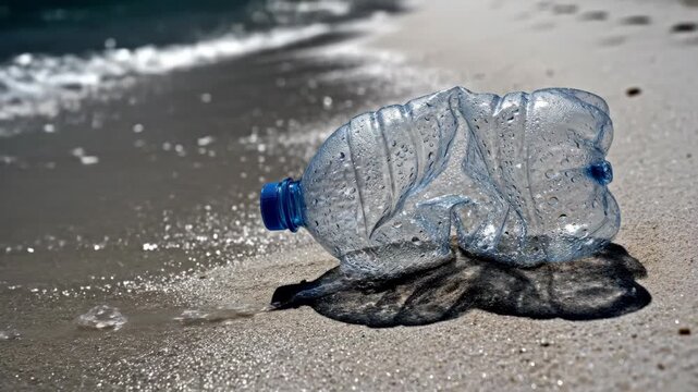 Plastic bottle washed up on sandy ocean beach. Crushed container lying at coastline with incoming tidal waves. Environmental pollution and marine waste debris