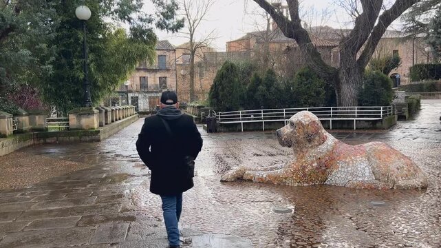 Hombre caminando en c&aacute;mara lenta por la Alameda de Cervantes Soria