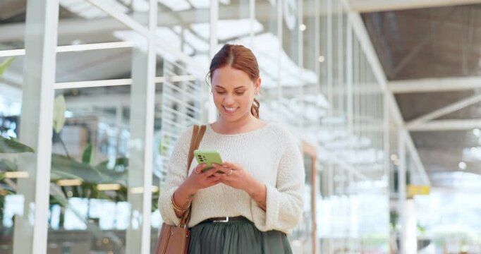 Woman, phone and walking while online for communication, chat or notification at a shopping mall after work while using mobile app for banking. Female on smartphone to with wifi for social network