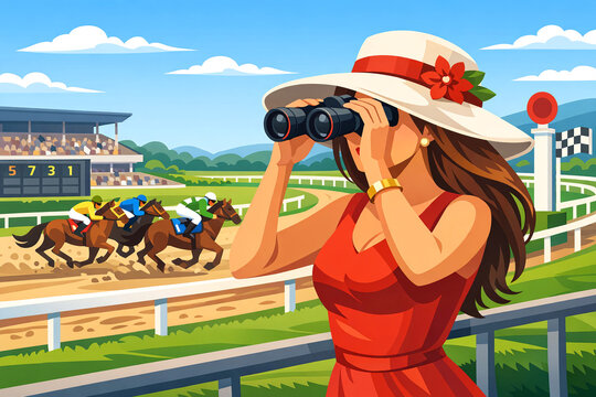 A woman in a red dress and hat is intently watching horses race on a track.