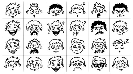 Obraz premium Boy Face Cartoon Emotions Icons Set with Sleepy, Surprised, Angry and Happy Expressions in Doodle Style