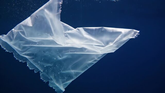 Transparent plastic bag floating underwater in deep blue sea. Environmental pollution caused by non-biodegradable waste. Ocean ecosystem threat and debris
