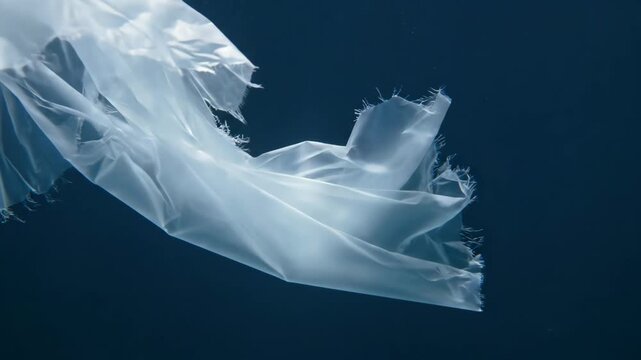 Torn white plastic sheet floating in deep blue ocean water. Environmental pollution of marine ecosystem by non-biodegradable waste and synthetic material debris