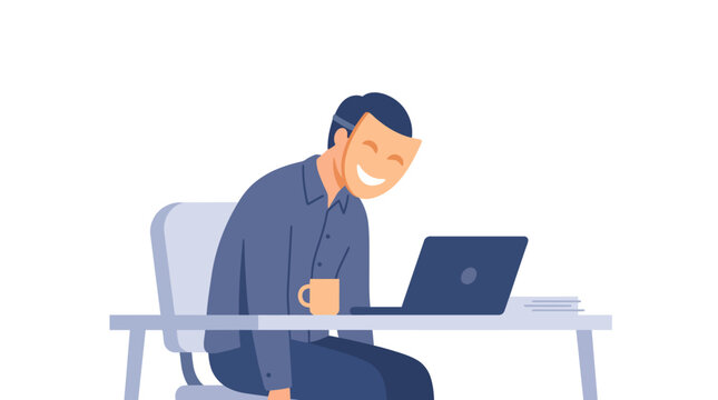 Vector illustration of office worker with a smiling mask hiding sadness or burnout at a laptop desk