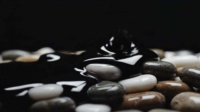 Black liquid pouring over smooth river stones. Viscous dark substance covering pebble surface. Close up of texture contrast between glossy oil and ground rock