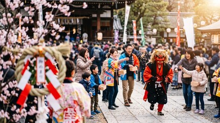 Naklejka premium People celebrating Setsubun festival by throwing beans at a demon at a Japanese shrine