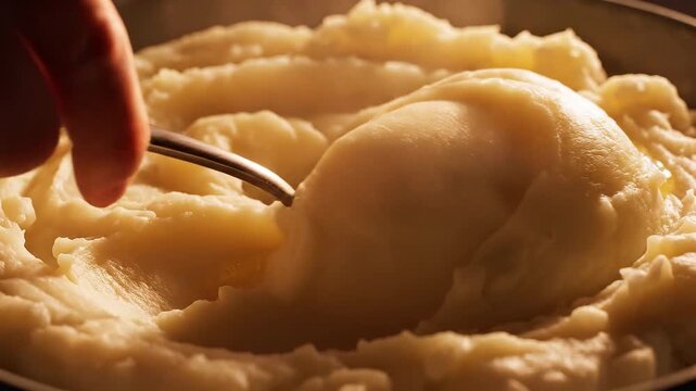 Stirring Creamy Steaming Mashed Potatoes with Melted Butter