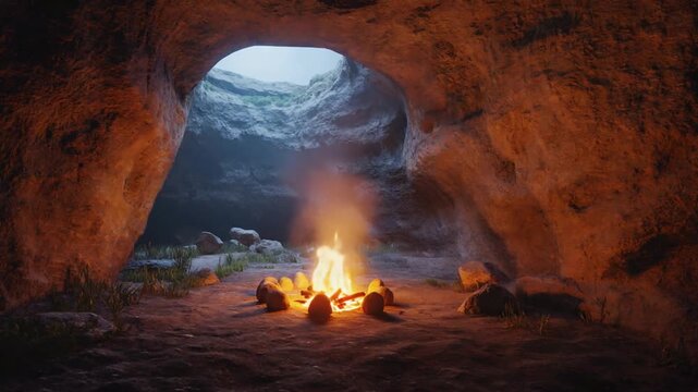 Bonfire in a cave. Prehistory.