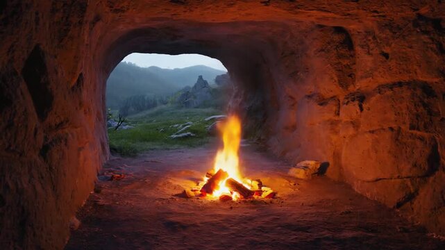 Bonfire in a cave. Prehistory.
