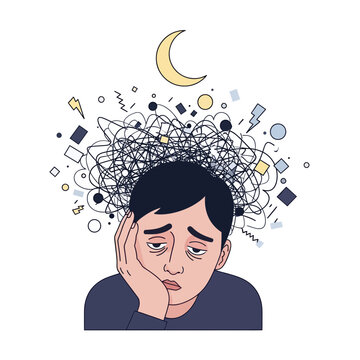 Vector illustration of a tired man experiencing insomnia, stress, and chaotic thoughts at night. Ideal for mental health articles, psychology blogs, healthcare presentations, and wellness web designs.