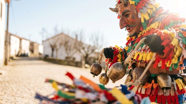 Tradicionais caretos de tr&aacute;s-os-montes com m&aacute;scaras e chocalhos em festa de rua