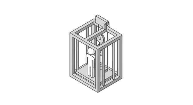 Isometric Wireframe Elevator With Person Inside Design.