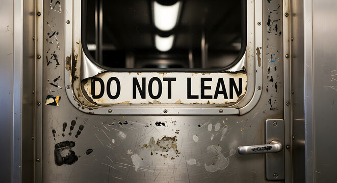 Grungy Do Not Lean Sign on Train Door
