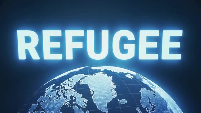 "Refugee" text on the globe. Migration crisis.