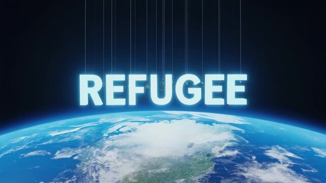 "Refugee" text on the globe. Migration crisis.
