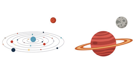 Illustrative depiction of our solar system with planets and orbits © Imdadul_Studio