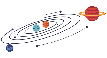 Simplified illustration of a solar system with planets orbiting a star © Imdadul_Studio