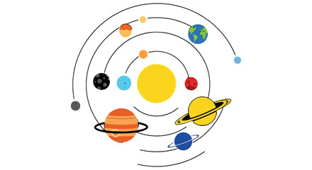 A colorful illustration depicting the planets orbiting around the sun © Imdadul_Studio