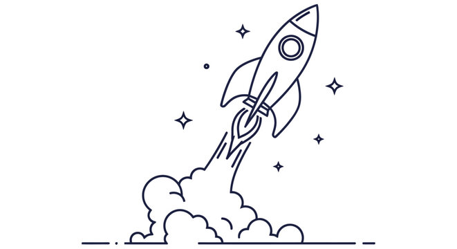 A simple line drawing depicts a rocket launching into the starry sky