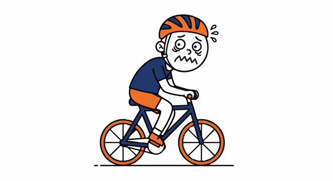 Frustrated cartoon boy riding a colorful bicycle aggressively.