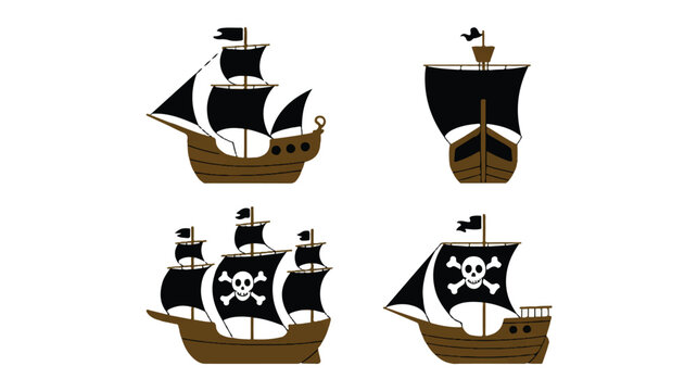 Pirate ships sail across the ocean with black sails and skull symbols