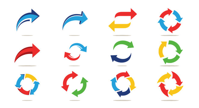 A collection of colorful arrow icons depicting various directions, refresh, reload, and circular motion symbols for graphic design.