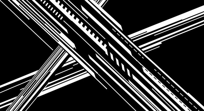 Abstract black and white geometric pattern with intersecting lines creating a dynamic X shape, resembling digital data streams or circuit board traces.