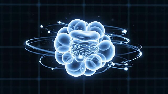 Detailed 3D Visualization of Glowing Cellular Structure with Dynamic Movement on a Dark Grid Background for Medical and Scientific Themes