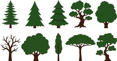 Cartoon style illustrations of various trees with green leaves and brown trunks on white background © VectoLover