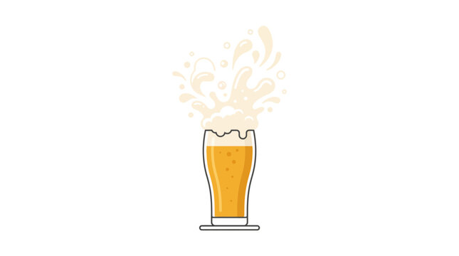 Minimalist vector illustration of a glass of golden beer with exploding foam splash.