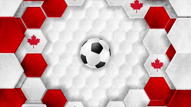 Geometric hexagonal football background with Canadian flag colors, grunge texture and soccer ball. Sport championship 2026 motion design. Seamless loop. Video animation Ultra HD 4K 3840x2160