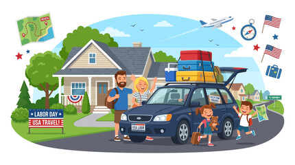 Obraz premium American Family Leaving Suburban Home for Labor Day Summer Vacation Road Trip Vector