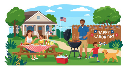 Fototapeta premium USA Labor Day Backyard BBQ with Family Gathering and Summer Sunset Vector Scene