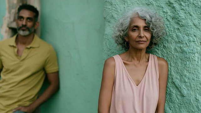 Senior woman portrait with companion leaning against a textured green wall for lifestyle banner and age positive background