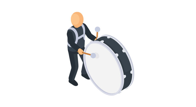 Illustrated musician playing large bass drum with mallets.