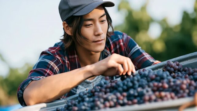 Young vineyard worker sorting harvested grapes on a cart for marketing banner background and sustainable food packaging design